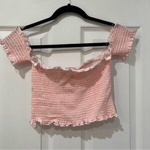Gingham Baby Pink with White Shirred Off the Shoulder Crop Top NWT